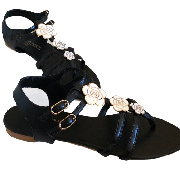 Chanel Leather Enamel Camellia Flower Sandals Sz 9 - Picture 6 of 10